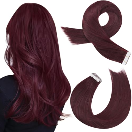 Moresoo Burgundy Red Tape Hair Extensions 10 Inch 20pcs | Remy Human Hair