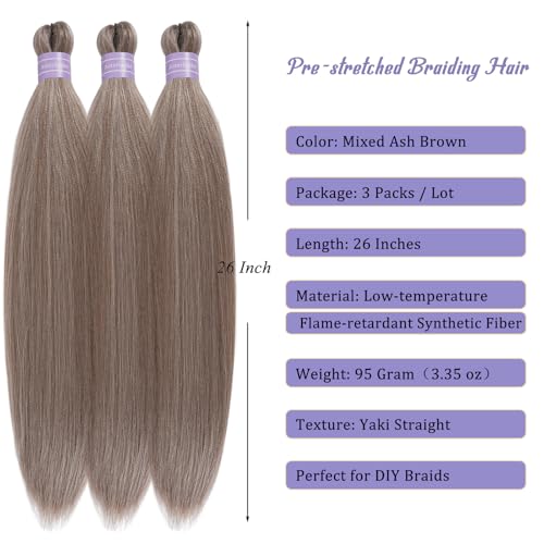 Aoterlanke 26-Inch Pre-Stretched Ash Brown Synthetic Braiding Hair, 3 Pack