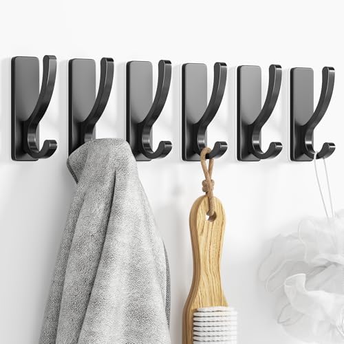 Heavy Duty Adhesive Wall Hooks - 13LB Capacity, Black - 6 Pack