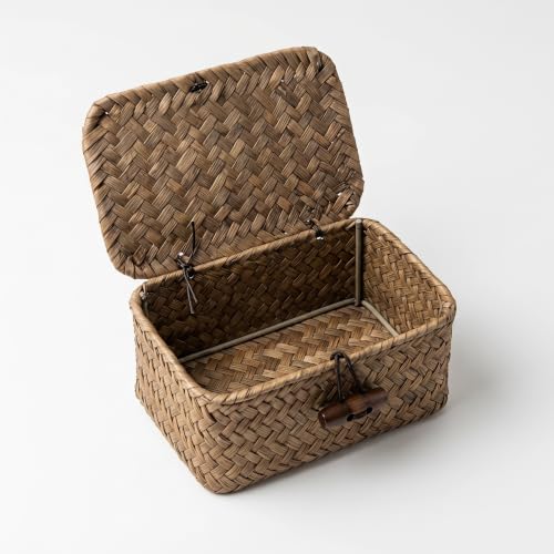 Handwoven Seagrass Basket with Lid for Makeup & Jewelry Storage