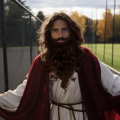 JEGERMIG Brown Long Curly Wig and Beard Set - Halloween Costume & Cosplay Variant 1