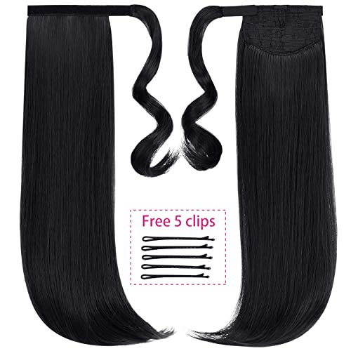 18" Wavy Wrap Around Clip-In Ponytail Extension - Synthetic Black Hair Piece