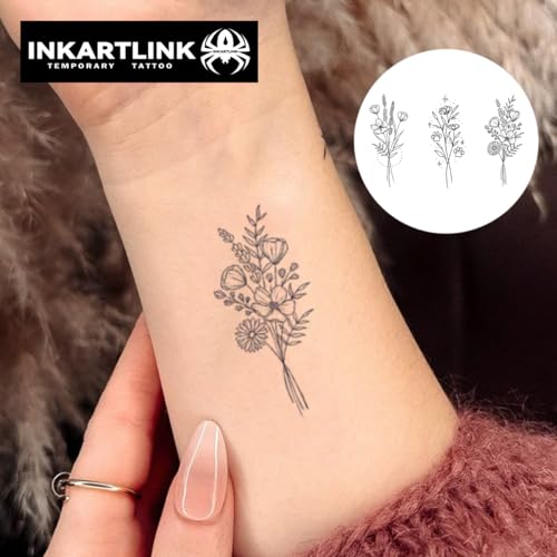 INKARTLINK Semi-Permanent Flower Tattoo Sheets M10 - 3 Bunches of Flowers, Waterproof & Long-Lasting