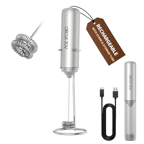 CIRCLE JOY Rechargeable Milk Frother with Stand - Dual Spring Whisk for Lattes & Cappuccinos