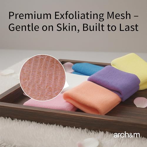ARCH&M 3-Pack Japanese Exfoliating Shower Towels - Long Body Scrubbers in Red, Yellow, Blue