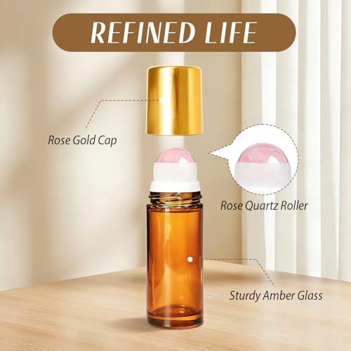 Rose Quartz Roller Bottle - 2 Pack Amber Glass 1oz Roll-ons for Oils