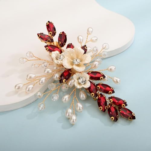 Rumtock Wine Crystal Hair Clip with Pearl Beads for Women & Girls - Bridal Wedding Hair Jewelry