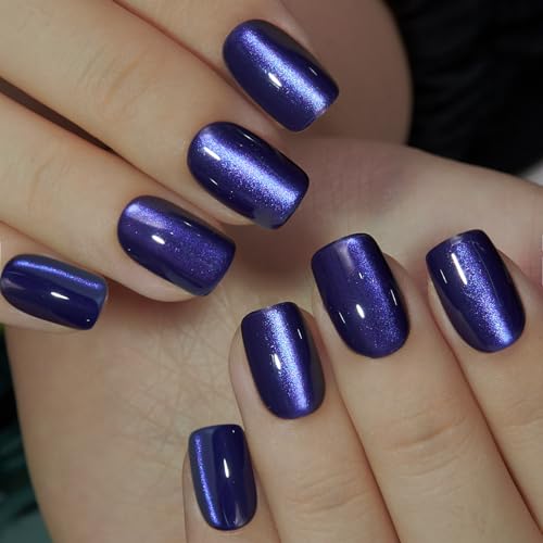 CurvLife Short Square Cat Eye Press On Nails - Indigo Navy Purple Gel