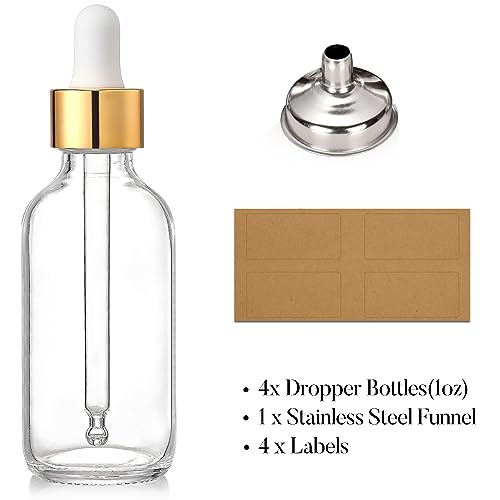 AOZITA 4-Pack 1oz Clear Glass Dropper Bottles with Funnel & Labels