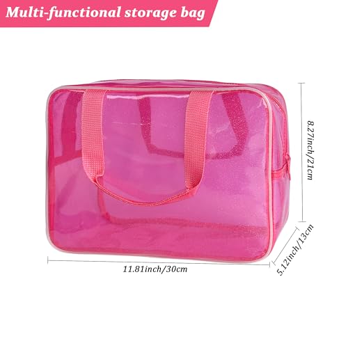 Pink Transparent PVC Travel Cosmetic Bag Waterproof Makeup Organizer with Handle - 11.8 x 5.12 x 8.26 inches