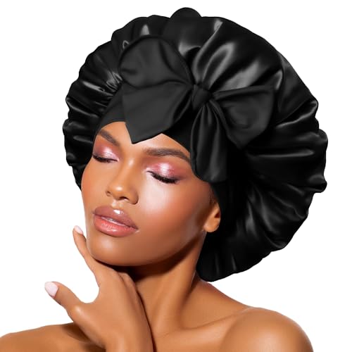 BONNET QUEEN Silk Bonnet for Sleeping Women, Satin Hair Bonnet with Adjustable Tie Band, Double Layer Sleep Cap That Stays On Overnight for Curly Hair, Braids, Wigs and Natural Hair, Large Black