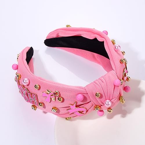 Beaded Hope Pink Ribbon Knotted Headband for Breast Cancer Awareness