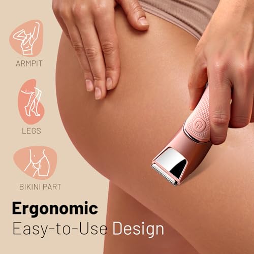 Rechargeable Bikini Trimmer for Women:Body Groomer with ???????????? & ?????? ?????????? for Shower Travel - ???????? ???????????????????? Pubic Hair Razor, Ceramic Blades, Electric Shaver - Coral