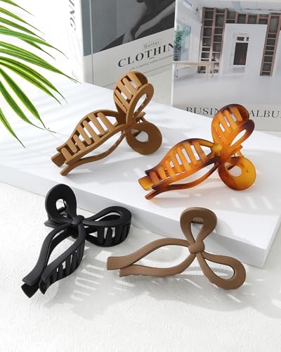 CHLINS 4 Pack Jumbo Bow Hair Claw Clips for Thick Hair, Tortoise+Camel+Black+Coffee
