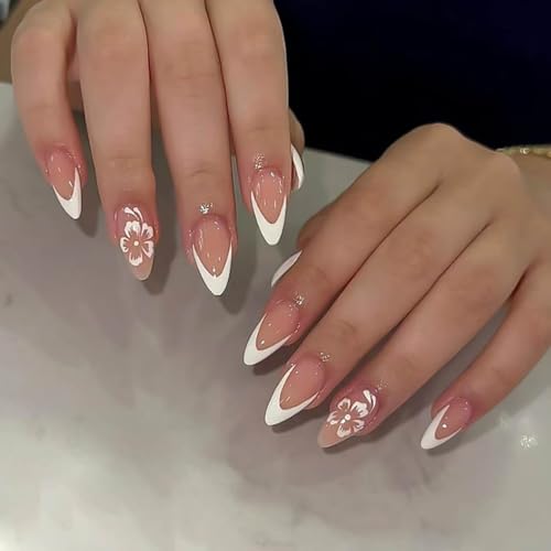 RikView Medium Almond French Tip Press-On Nails with Flower Design, Glossy Fake Nails for Women, 24 Pcs