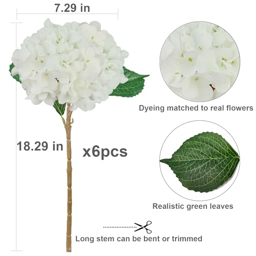 6PCS White Artificial Hydrangea Flowers - Realistic Silk Faux Bouquets