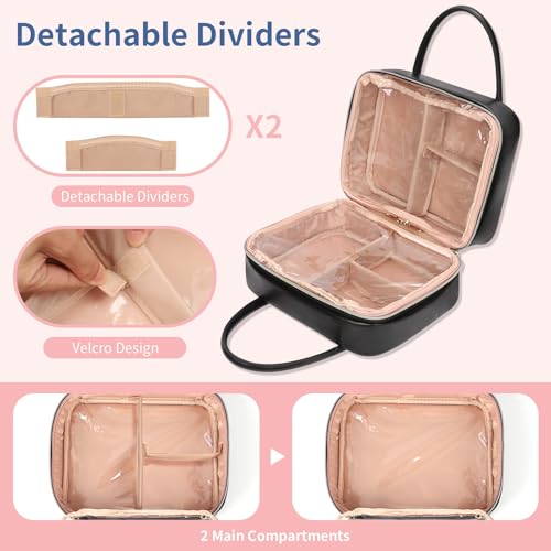 Onemoky Black Leather Large Capacity Travel Makeup Bag with Dividers & Brush Compartments