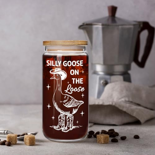Funny Goose Glass Cup with Bamboo Lid & Straw - 16OZ Gift