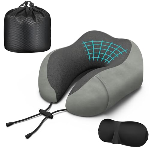 Premium Memory Foam Travel Neck Pillow with Eyemask - Adjustable Ergonomic Support