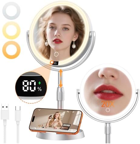 Lighted Makeup Mirror with 20X Magnification - Adjustable Height & Digital Display | Perfect for Makeup Desk & Bathroom