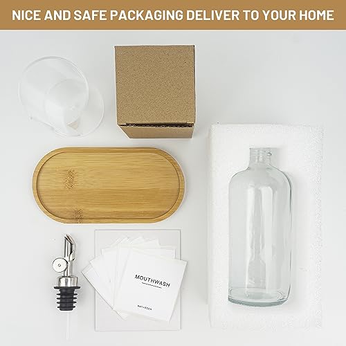 Ezebesta 480ml Glass Mouthwash Dispenser with Bamboo Tray and Cup Holder