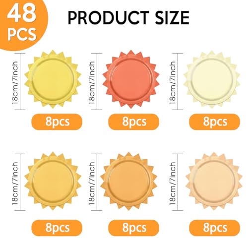 48 Pcs Boho Sun Disposable Paper Plates for Birthday Parties