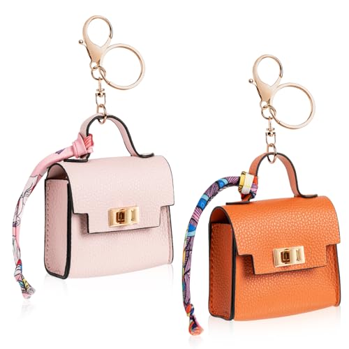 Mini Backpack Keychain Set - PU Leather Makeup Bag in Orange & Pink