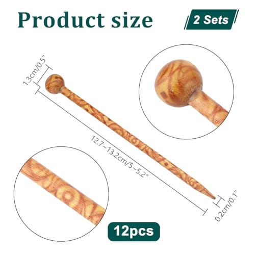 PH PandaHall 24pcs Vintage Wood Hair Pins Set, 12 Styles 5" Hair Sticks