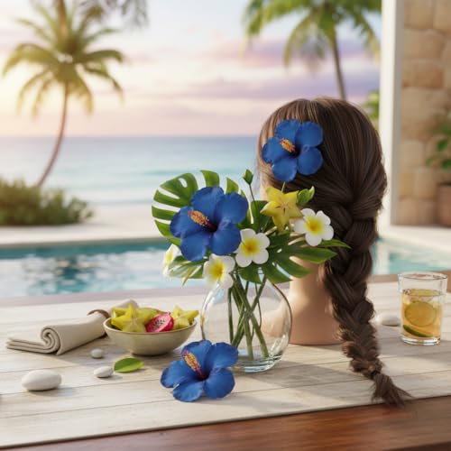 Blue Plumeria Hibiscus Flower Hair Clips - Set of 2