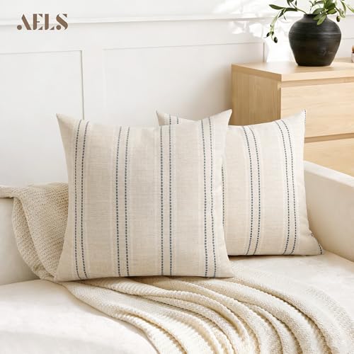 Set of 2 18x18 Decorative Linen Blend Throw Pillow Covers - Beige Striped
