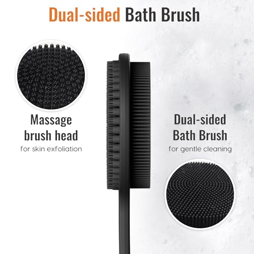 Silicone Back Scrubber for Shower, 17in Lengthen Long Handle Body Brush, Double Sided Shower Brush for Shower Exfoliating and Massage Can Produce Rich Foam, Long Handle Back Scrubber for Men