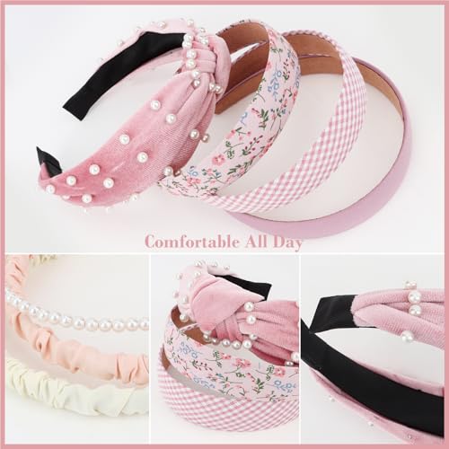 7 Pack Pink Headbands for Women & Girls - Non-Slip Pearl Beads