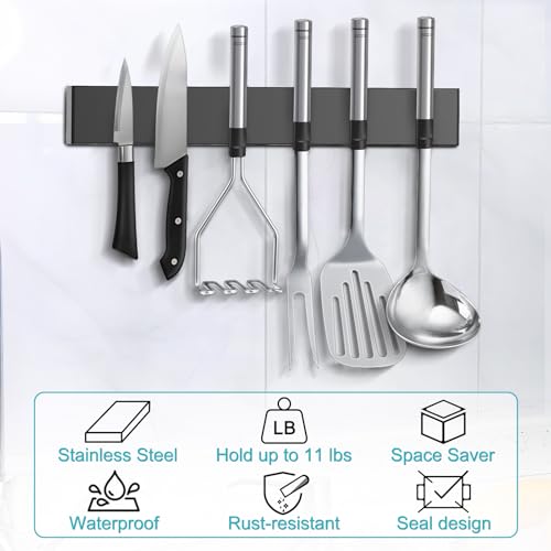14" Magnetic Knife Holder with 3 Hooks - Heavy Duty Stainless Steel Wall Organizer