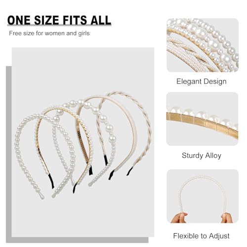 Pearl Headbands for Women 5-Pack Bridal Hair Accessories Non Slip Elegant Hairbands