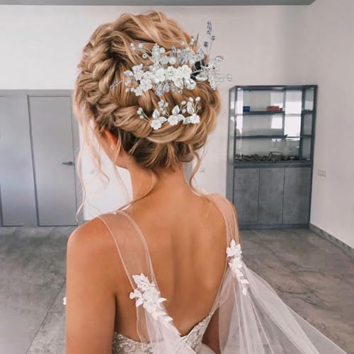 Silver 6 Pcs Bridal Flower Hair Pins with Crystal Pearls & Rhinestones