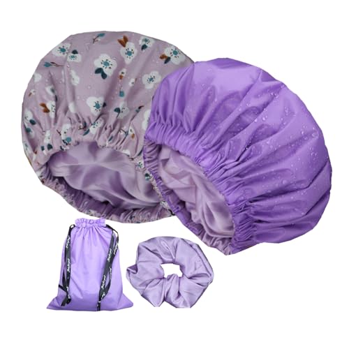 Genergy Large Satin Lined Shower Cap Set - L-Purple & Purple Flower