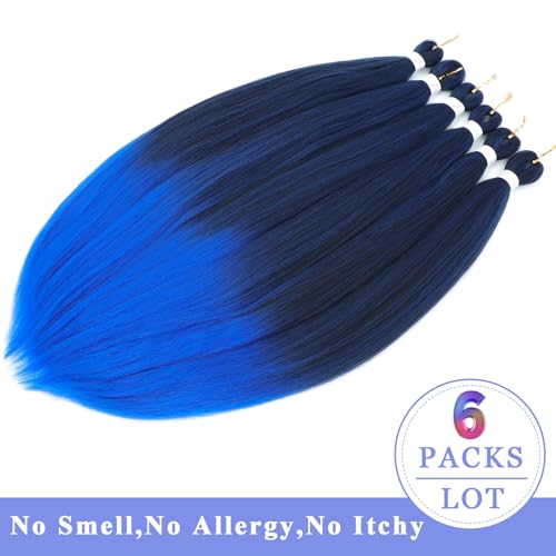 34 Inch Pre-Stretched Braiding Hair #1B/Blue - 6 Packs for Easy Styling