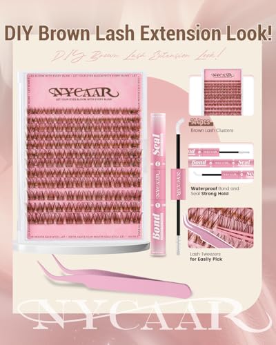NYCAAR Brown Wispy Lash Clusters Kit with Clear Seal & Glue - Honey Kiss Variation, 8-16mm Natural DIY Eyelash Extension