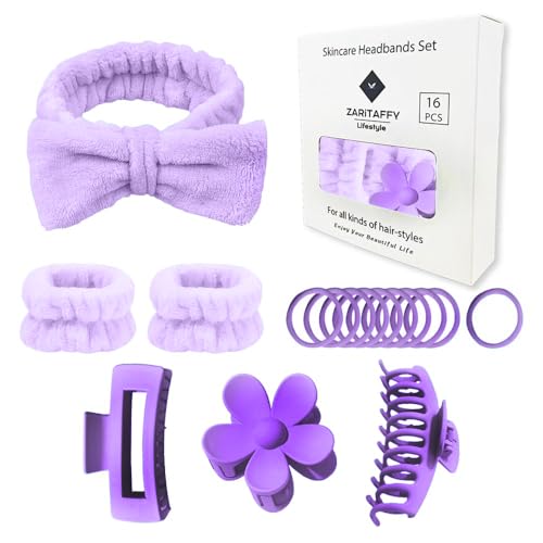 16-Piece Skincare Headband Set for Spa and Makeup - Purple