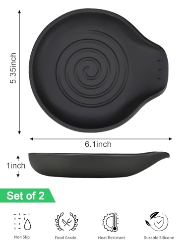 Silicone Spoon Rest Set of 2 - 6.1" Kitchen Utensil Holder in Gray & Black