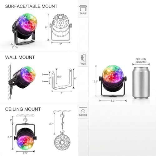 7-Mode LED Disco Ball Lights - Sound Activated with Remote Control (2-Pack)