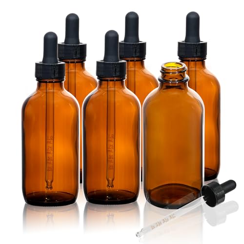 6 Pack 4oz Amber Glass Dropper Bottles for Essential Oils with Funnel & Labels