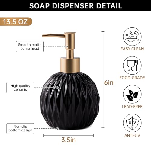 Black Ceramic Gold Soap Dispenser for Bathroom & Kitchen - 400ml