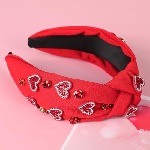 Rhinestone Heart Headband for Women - Valentine's Day Knotted Hairband