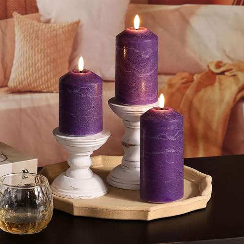 Purple Flameless Pillar Candles with Remote Control - Set of 3