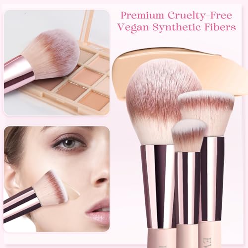 15pcs Pink Travel Makeup Brush Set with Puffs & Pouch