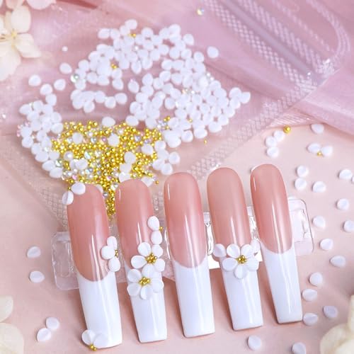 3D White Flower Nail Charms - 150 Pcs Resin Petals with Gold Pearls
