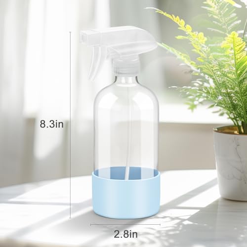 Worldgsb 2 Pack Glass Spray Bottles with Silicone Sleeve, 16 oz Empty Refillable Containers with Adjustable Spray Nozzles, Spray Bottles for Hair, Cleaning Solutions and Plants Blue&Grey