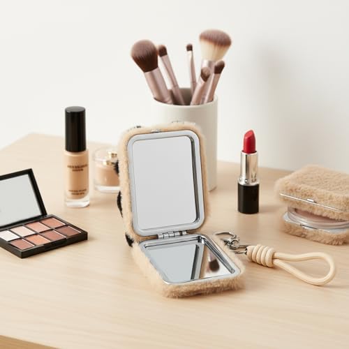 Brown Black Cat Compact Mirror Keychain - Travel Makeup & Bag Charm