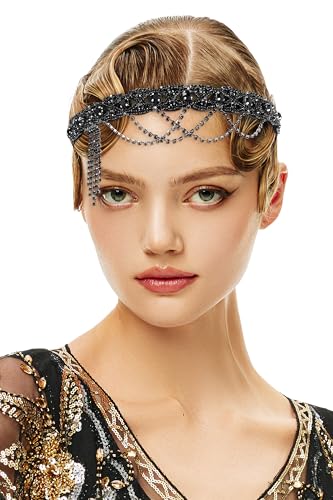 BABEYOND Black 1920s Flapper Headpiece – Great Gatsby Rhinestone Chain Headband
